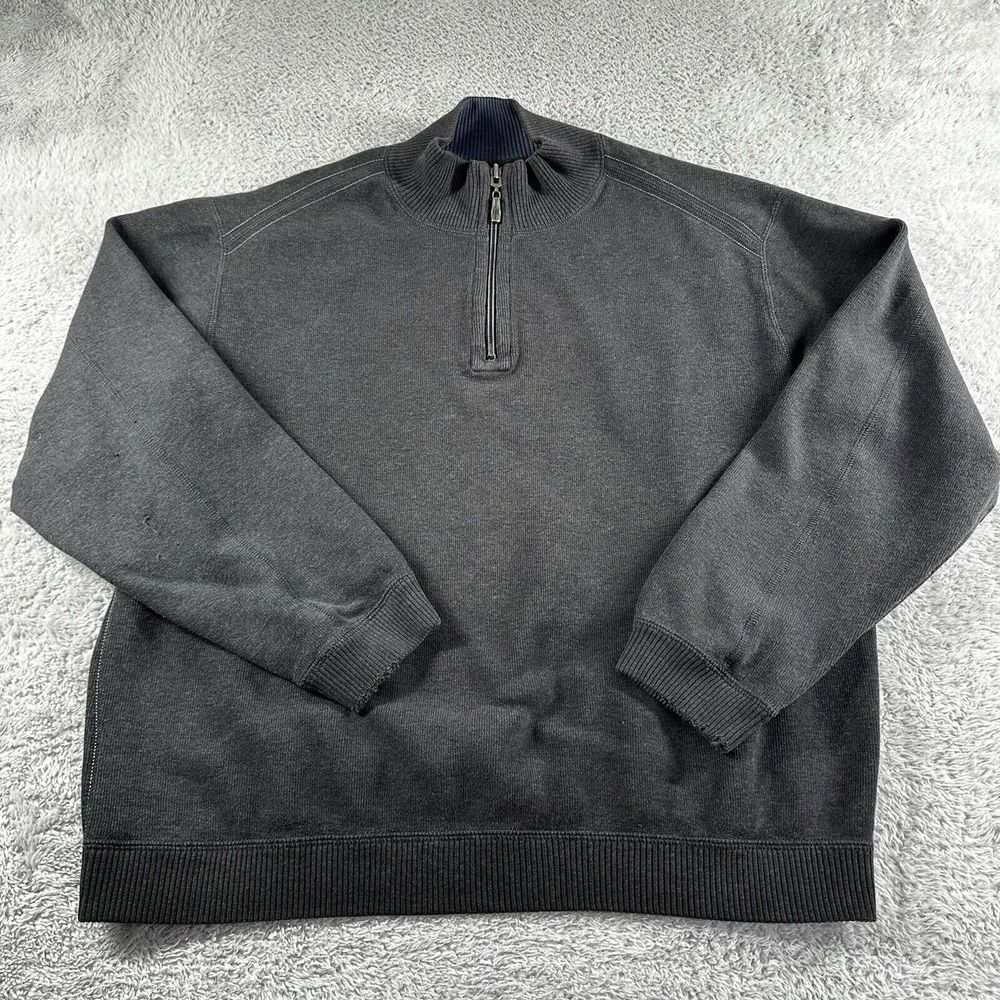 Tommy Bahama Sweater Mens Large 1/4 Zip  Gray‎ Blue Reservable Mock Neck Ribbed